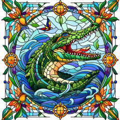 Intricate stained glass style illustration of a crocodile.