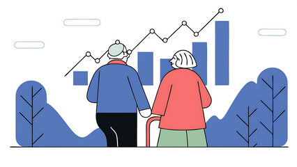 aging society world population aging problem workforce crisis by low birth rate compare to senior elderly or retiree increase elderly senior couple walk up rising increasing graph of aged citizen