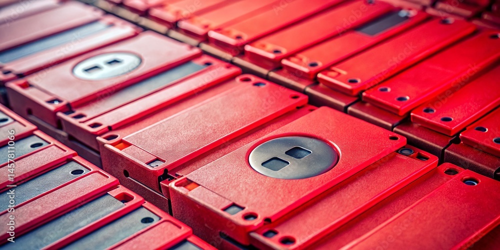 Poster retro red floppy disks: close-up macro photography of vintage computer storage media