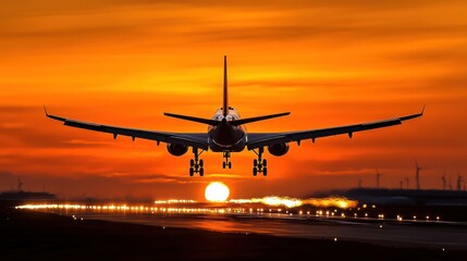 Fototapeta na wymiar Airplane landing at sunset