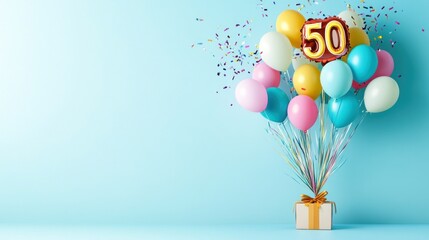 Festive 50th birthday balloons and gift pastel colors celebration concept
