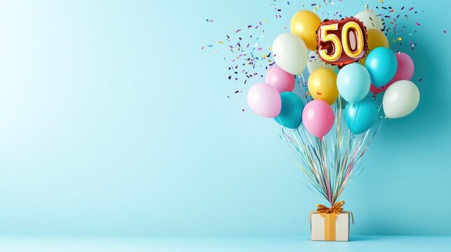 Festive 50th birthday balloons and gift pastel colors celebration concept