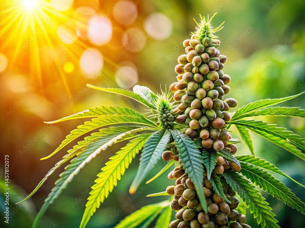 Poster ripening hemp seeds: close-up macro shot with bokeh background