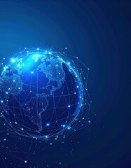 A detailed depiction of Earth showcasing a network of glowing connections and dots, symbolizing global communication and interconnectedness across continents.