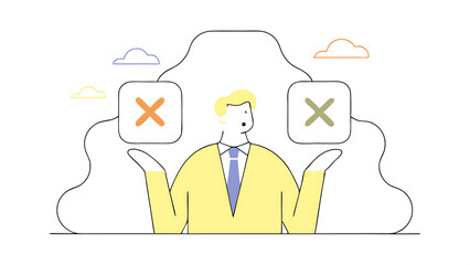 business decision right or wrong true or false correct and incorrect moral choosing option concept thoughtful businessman holding right or wrong of left and right hand while making decision 050625