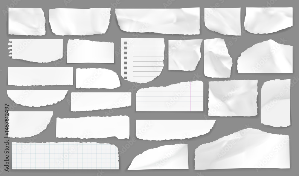 Poster white torn paper rip pieces. realistic 3d vector ripped blank scraps and scrapbook notes with lines 
