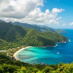 Obraz premium Tropical Island Beach with Turquoise Water and Lush Green Mountains
