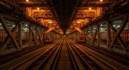Obraz premium Dark Orange Lit Train Tunnel Industrial Railway