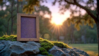 Vintage Sports Trophy Frame on Mossy Rock at Sunset
