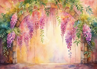Romantic Blush Pink & Coral Wisteria Watercolor Arch - Cozy Spring Floral Background