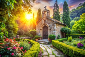Romantic Italian Villa Chapel Garden Bokeh,  Sunlit  Stone Chapel, Lush Greenery, Soft Focus Background