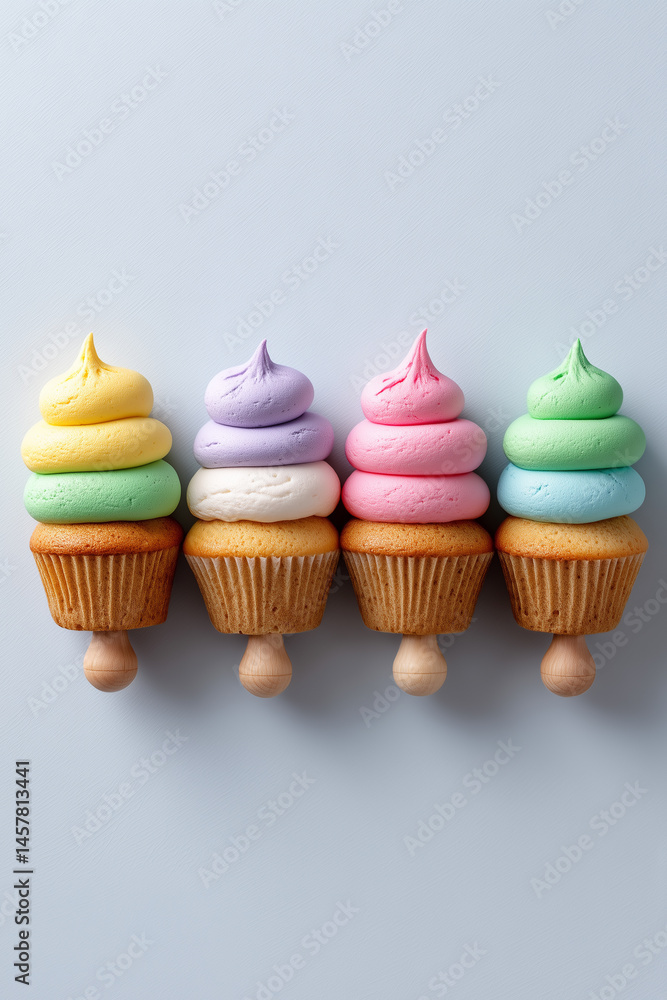 Poster mini cupcakes arranged in a line with pastel frosting create a playful setting. clean white backgrou
