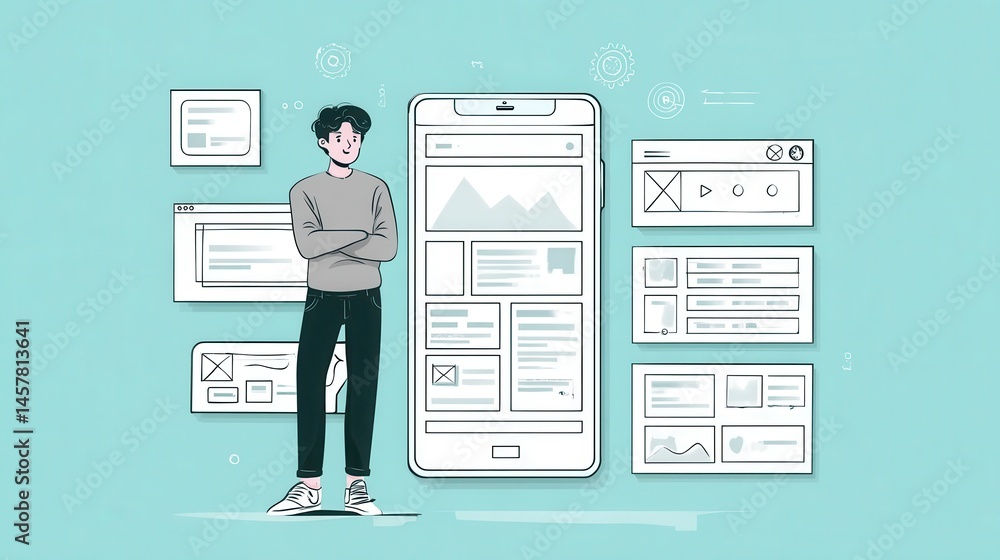 Poster digital design workflow illustrated with a person and mobile interface elements.