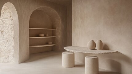 Neutral-tone room with tall corner shelf saving floor space