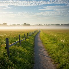 Obraz premium Misty Morning Path Through a Flower Field