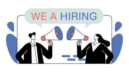 communicate message announce job vacancy for hiring shouting promotion or company communication warning alert or beware or important message concept businessman and woman shouting on megaphone 050625