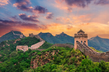 The great wall of china under the colorful sky during sunset
