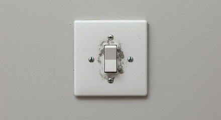 Close-up detail of a dirty and grimy white plastic light switch plate mounted on a grey painted wall, showing signs of wear and neglect.