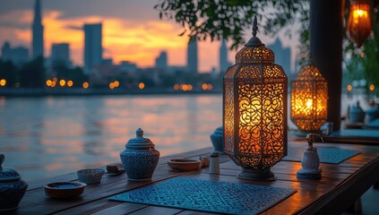 Sunset riverside dining, lanterns, city backdrop; travel/restaurant promotion