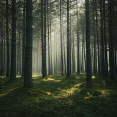 Obraz premium Sunlit Foggy Pine Forest