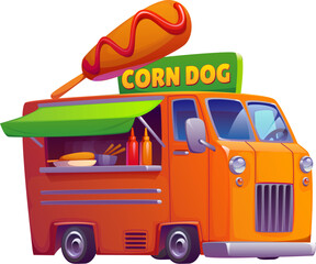 Cartoon corn dog food truck car, vintage festival street foodtruck van with a giant corndog skewer on top. Vector retro vehicle cafe features an open service window, condiments, cooking area, awning