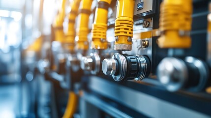 Fototapeta premium Industrial Machinery Close-Up: Precise Engineering and Yellow Hydraulic System
