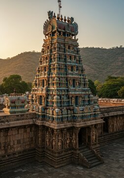 Ornate Stone Temple at Sunrise in South India