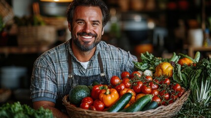 Fototapeta premium Portrait of a smiling middle aged male farmer proudly displaying his freshly harvested organic fruits and vegetables at a local farmers market or produce stall