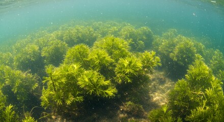 Obraz premium Lush Green Seaweed Underwater in Clear Sunlight
