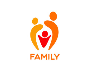 Family icon featuring two adult figures in orange tones embracing a child figure in red. Vector emblem or label represents unity, care and love for family services, childcare or community branding