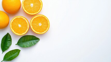 Fototapeta premium Fresh oranges with green leaves on white background