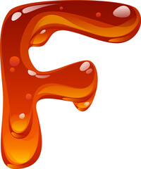 Flowing honey cartoon font letter F. Sweet caramel cartoon English alphabet type symbol, tasty candy vector font sign. Yellow amber flow ABC letter or liquid honey typeset element