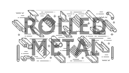 Naklejka premium Steel and aluminium rolled metal products icons. Vector line iron bars, pipes and tubes, plate, rod, beam and wire mesh, angles and channels. Metallurgy and construction industry outline icons set