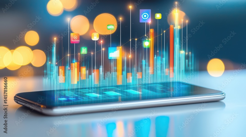 Poster innovative digital data visualization futuristic workspace mobile technology clean environment moder