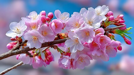 Obraz premium Delicate Pink Cherry Blossom Branch in Full Bloom Against a Soft Blue Sky Background