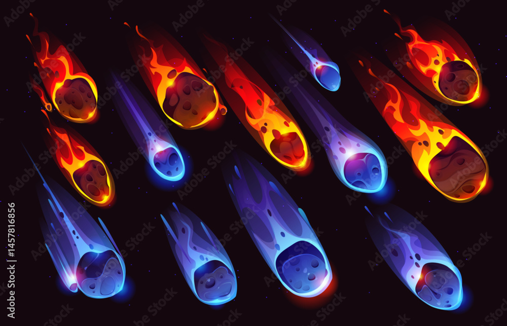 Wall mural cartoon comets meteors and ice asteroids. galaxy space objects with flame trails. vector falling fie