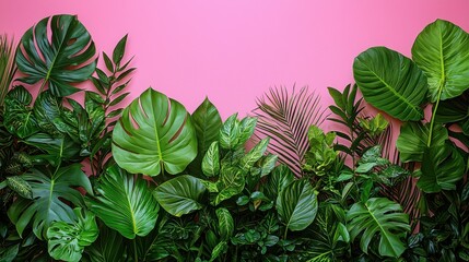Naklejka premium Lush green tropical monstera leaves palm fronds and other vibrant foliage against a bright pink background The image creates a calming natural and botanical atmosphere with plenty of copy space