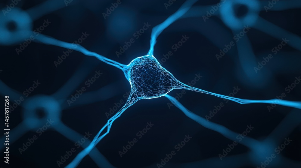 Poster a glowing blue neuron with interconnected axons and dendrites, set against a dark background, repres