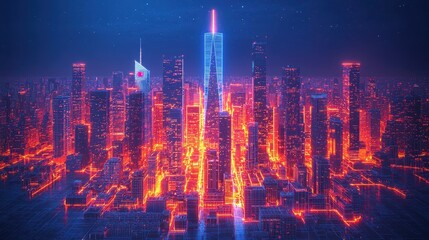 Fototapeta premium Futuristic glowing cityscape with towering skyscrapers and vibrant neon lights illuminating the night sky Dramatic digital of a modern metropolis