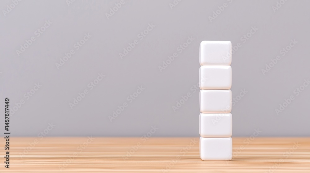 Poster four white cubes are stacked vertically on a wooden surface against a plain gray background, creatin