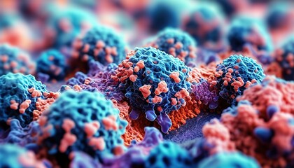 Microscopic view of cancer cells, detailed 3D medical illustration of tumor growth on tissue surface