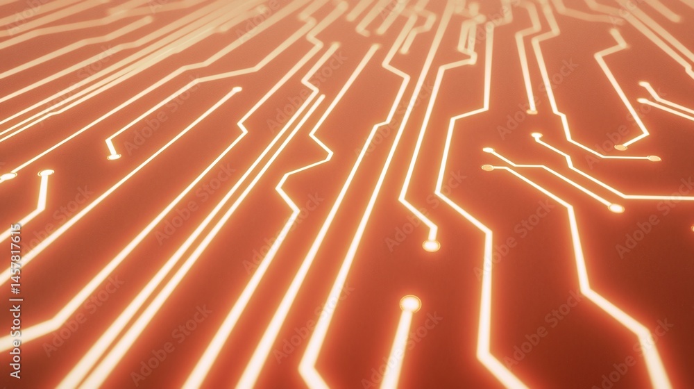 Poster glowing orange circuit lines on a circuit board create a futuristic technology background.