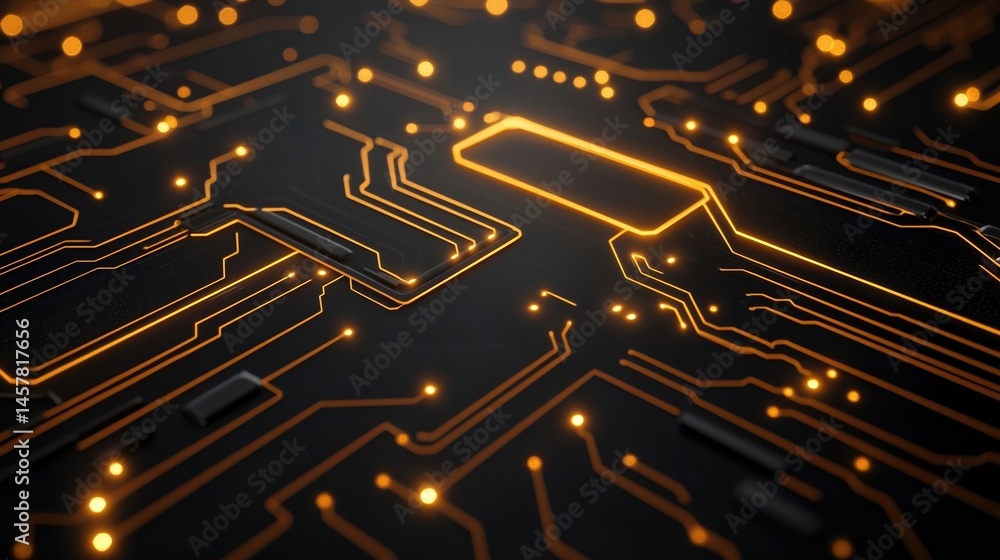 Poster a glowing circuit board with intricate orange and gold pathways on a black background, representing 