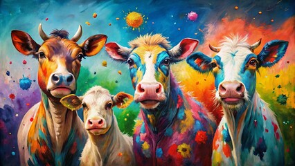Fototapeta premium Rustic Farm Animals Painting: Bright Splatter & Brushstrokes Art