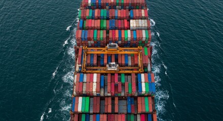 Fototapeta premium Aerial View of a Cargo Ship at Sea with Colorful Containers