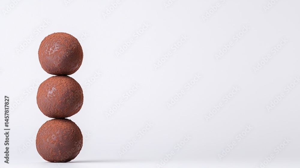 Poster three chocolate truffles are stacked vertically on a plain white background, creating a minimal and 