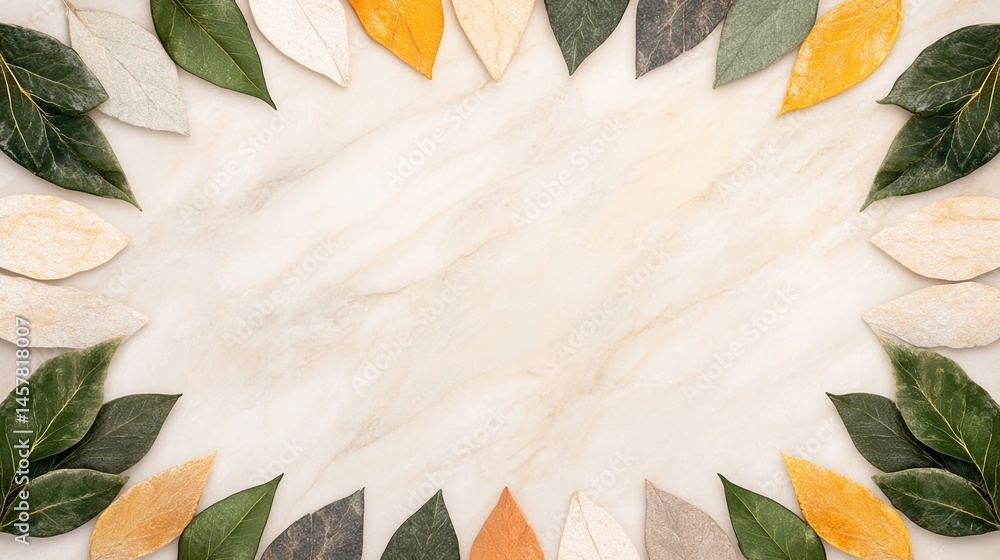 Poster colorful leaves arranged in a border on a marble background with empty space in the center.