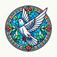 A vibrant stained glass design of a soaring dove.