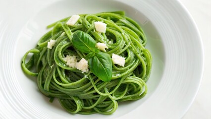 Pasta with basil and cheese on a white plate.