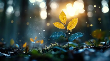Closeup of a vibrant autumn leaf sprouting from the forest floor with dappled sunlight filtering through the canopy  The leaf s intricate veins and delicate texture are highlighted